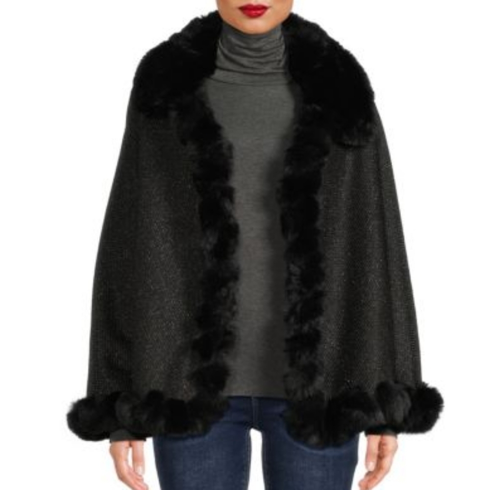 NWT VINCE CAMUTO Whip Stitched Black Faux Fur Trimmed Cape